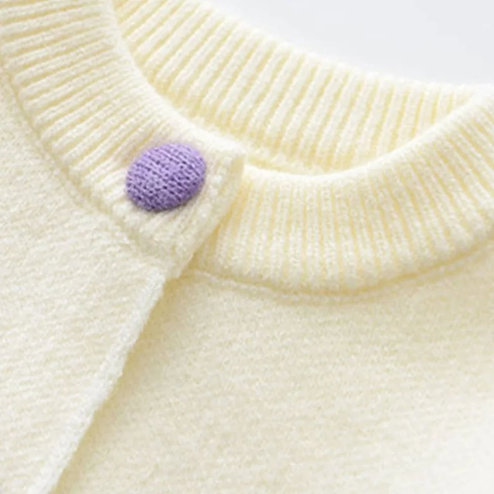 Spring Autumn Girls Grape Pom Pom Longsleeve Cardigan & Pleated Knit Skirt 2Pcs.